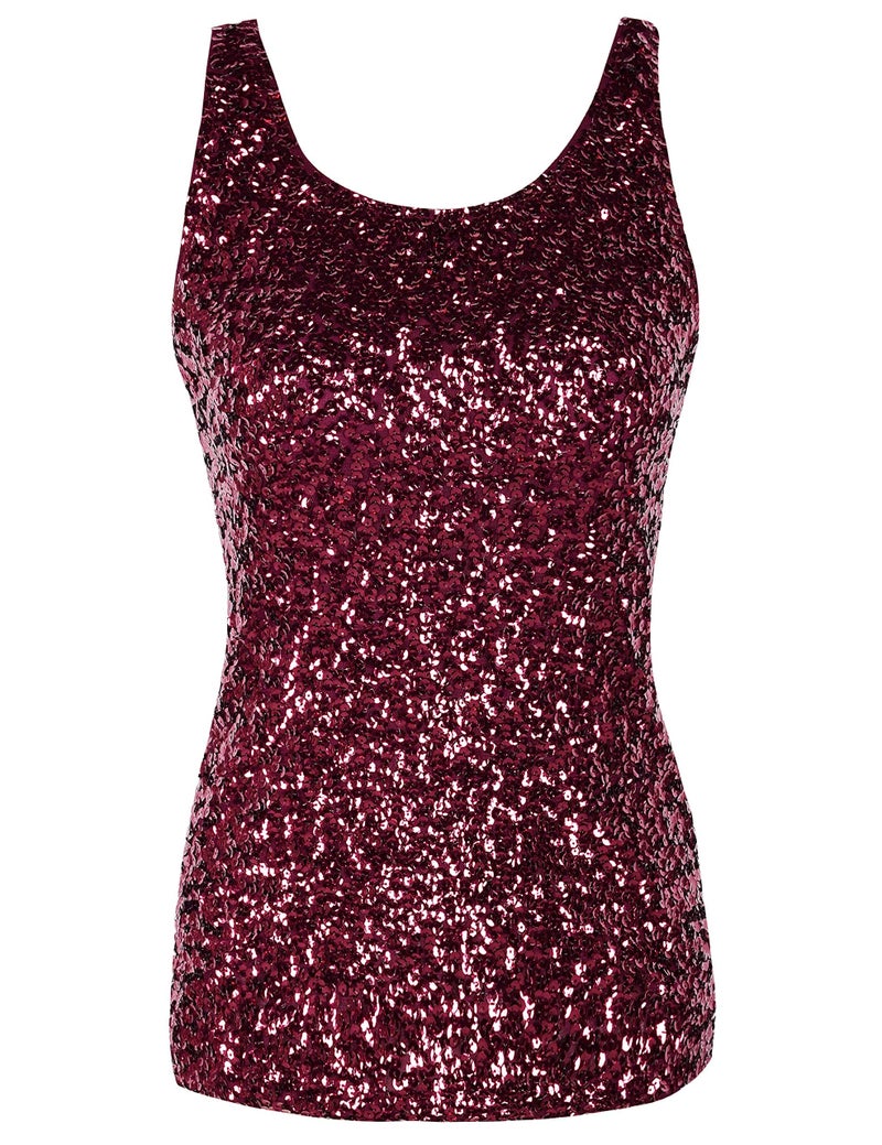 PrettyGuide Women Shimmer Glam Sequin Embellished Sparkle Tank Top Vest Tops XL Burgundy - Image 4